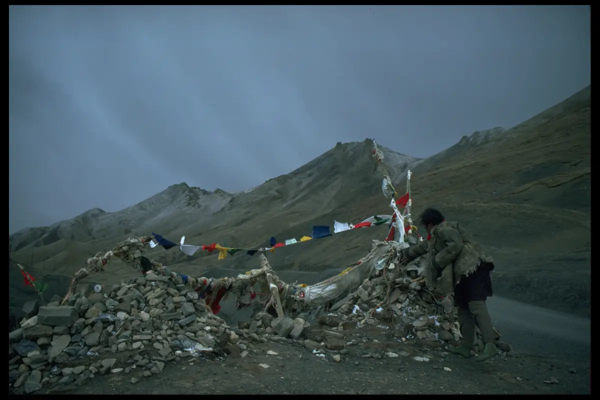 Ladakh pass prayer flags dusk