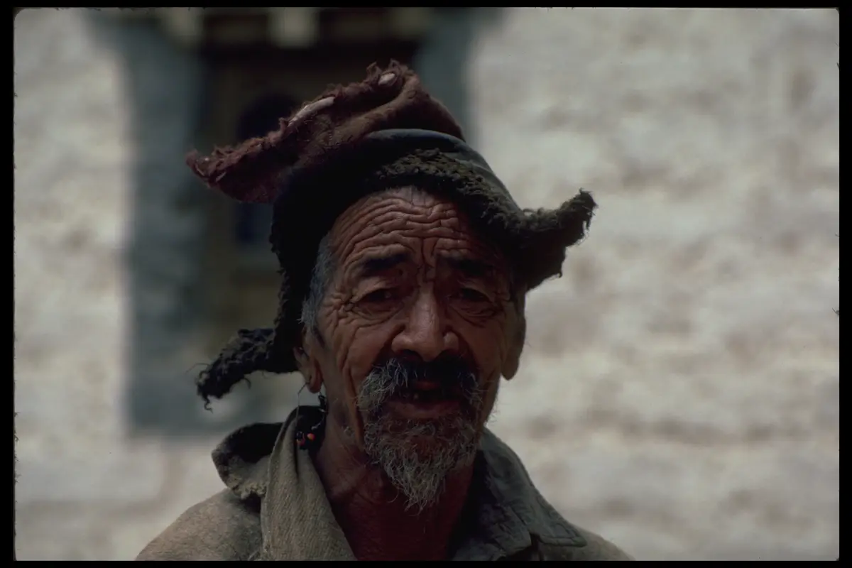 Tibet elder fur cap portrait