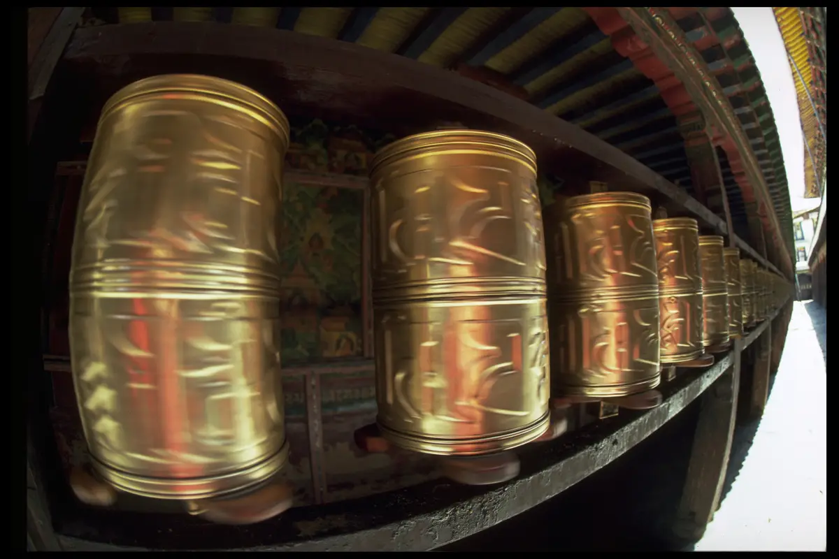 Tibet prayer wheels spinning