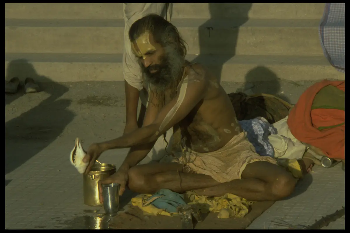 Sadhu brass pot steel cup steps