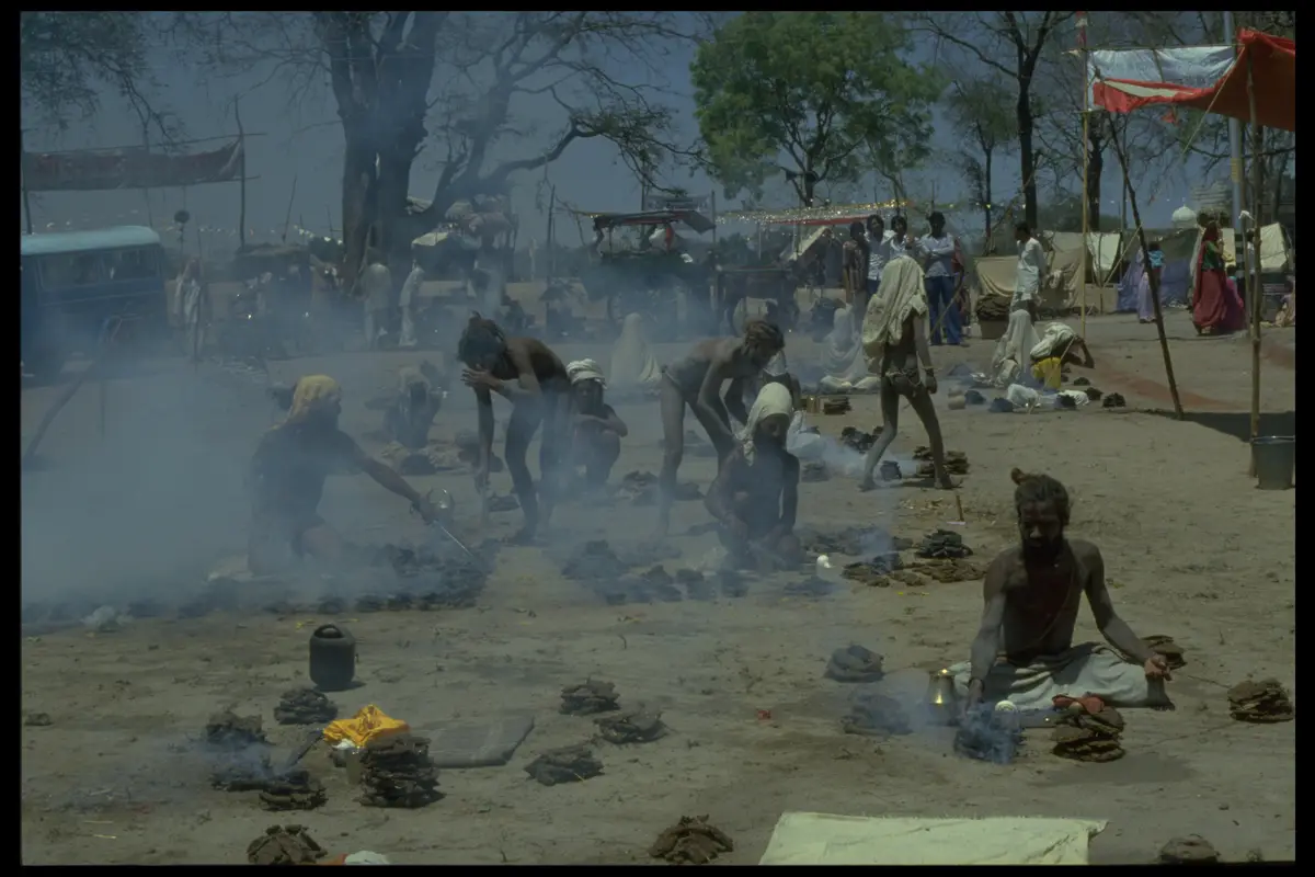 Sadhus dhuni dung fires camp